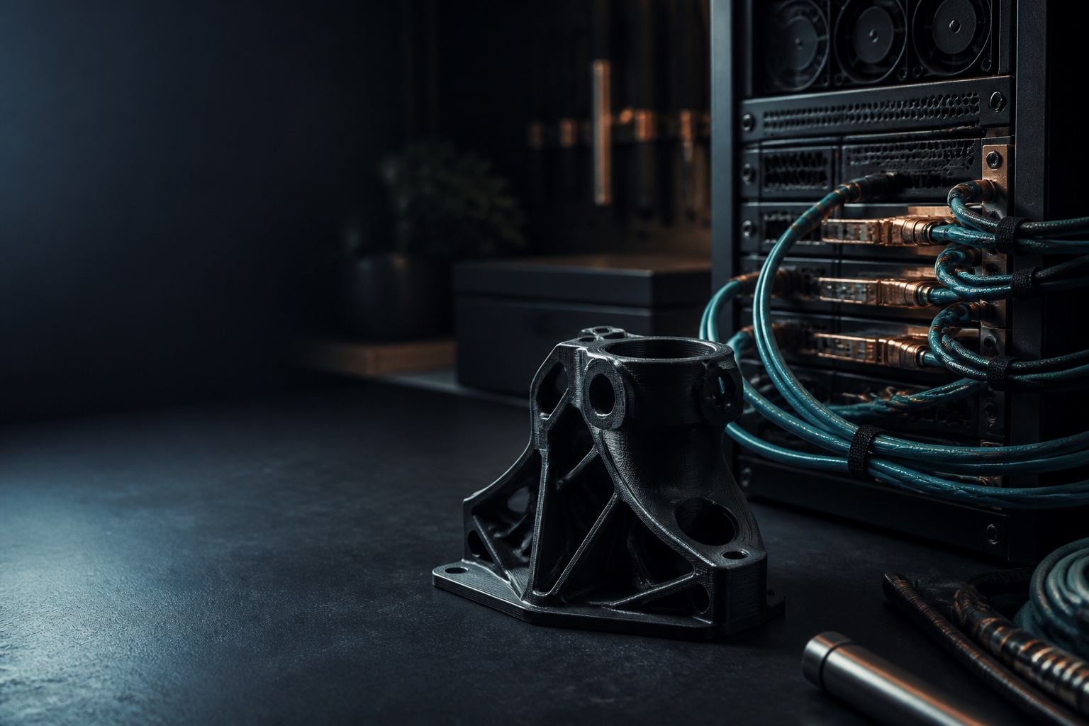 A precise 3D-printed component in front of organized server and network hardware