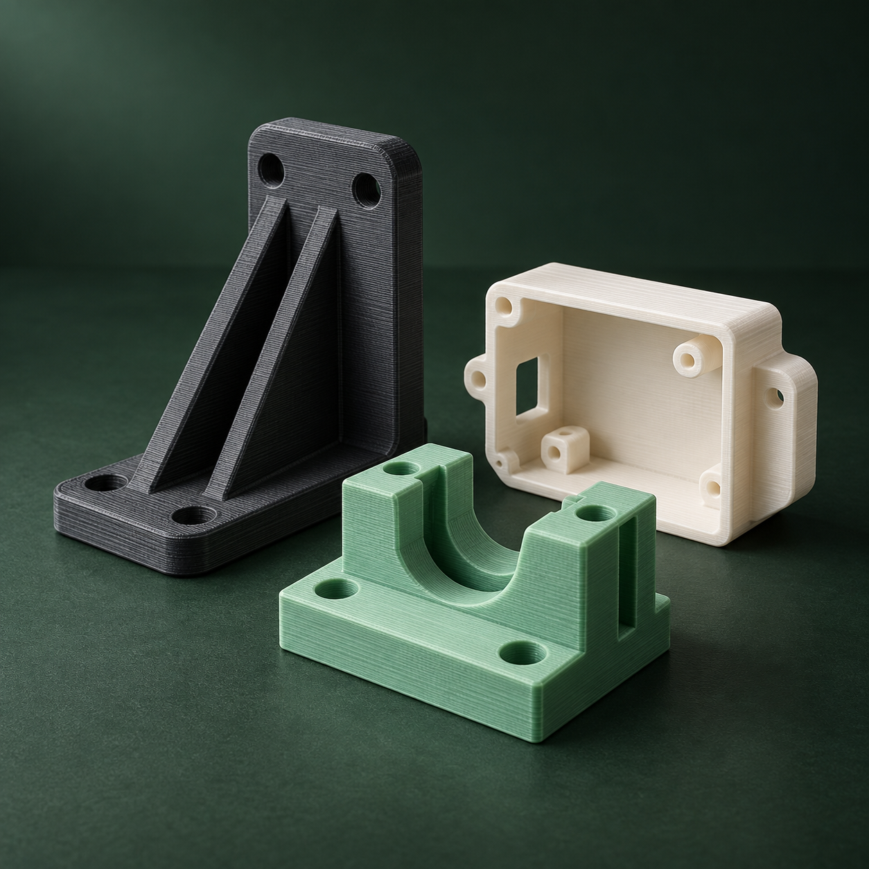 Illustration of 3D-printed parts arranged on a work surface